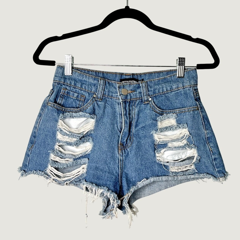PrettyLittleThing Denim Shorts Womens Size 2 Blue Distressed Frayed Hem Cotton